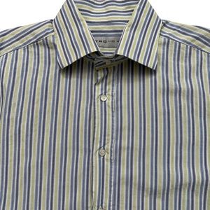 ETRO Shirt Mens Size 42 Long Sleeve Dress Green Blue Striped Made in Italy